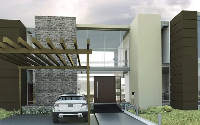 House entrance with a wooden pergola and a stone wall