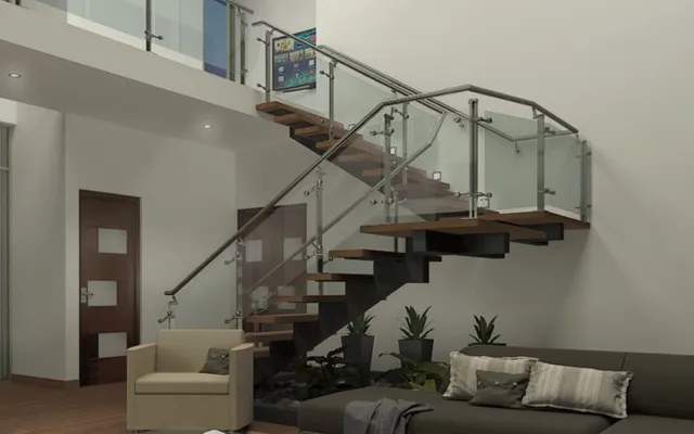 Interior: wooden and steel staircase in a double-height space