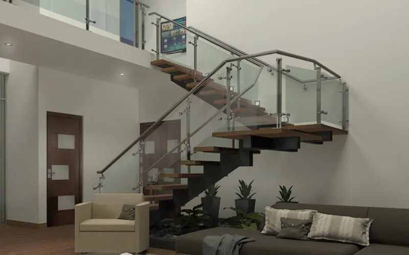 Interior: wooden and steel staircase in a double-height space