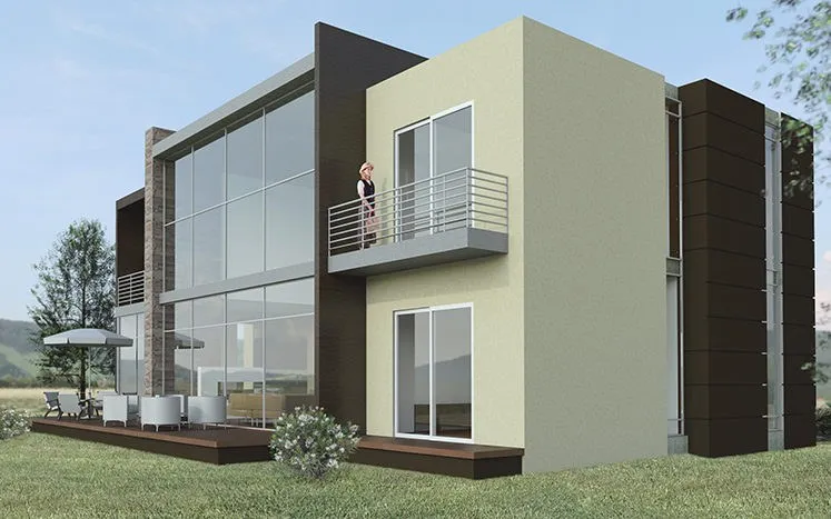 Exterior view of the house with a balcony and a double-height window
