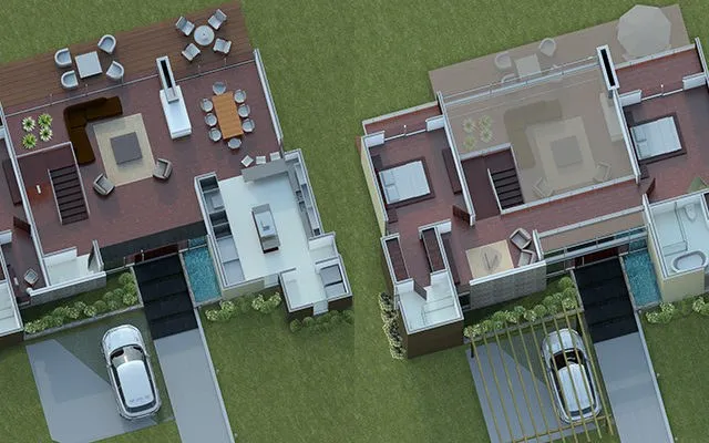 Floor plans of the houses seen from above in the model