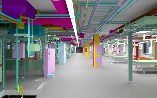 Interior of the model with building services colour-coded by discipline