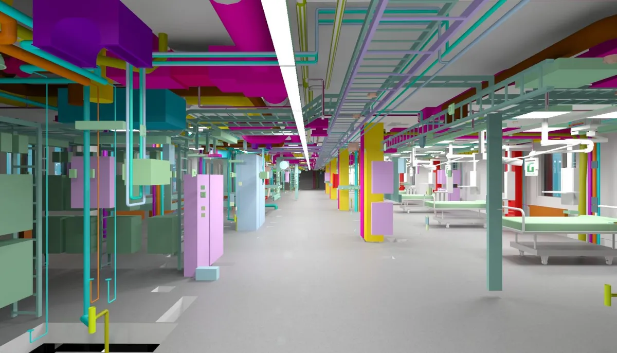 Interior of the model with building services colour-coded by discipline