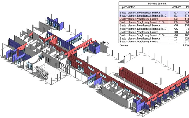 Axonometric model of an office building with the façade area schedule