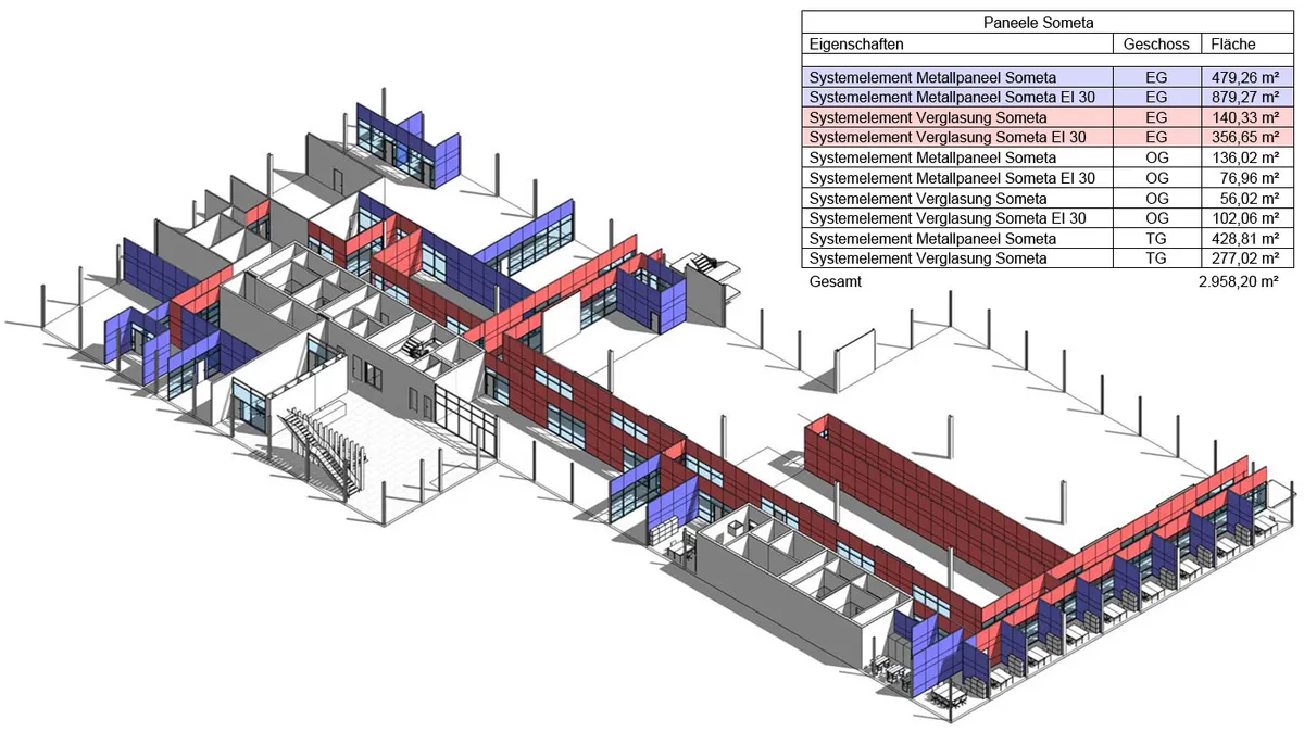 Axonometric model of an office building with the façade area schedule