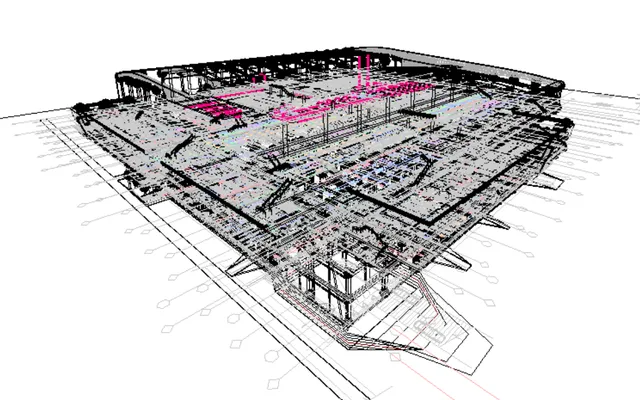 Wireframe view of an industrial building with the work areas highlighted