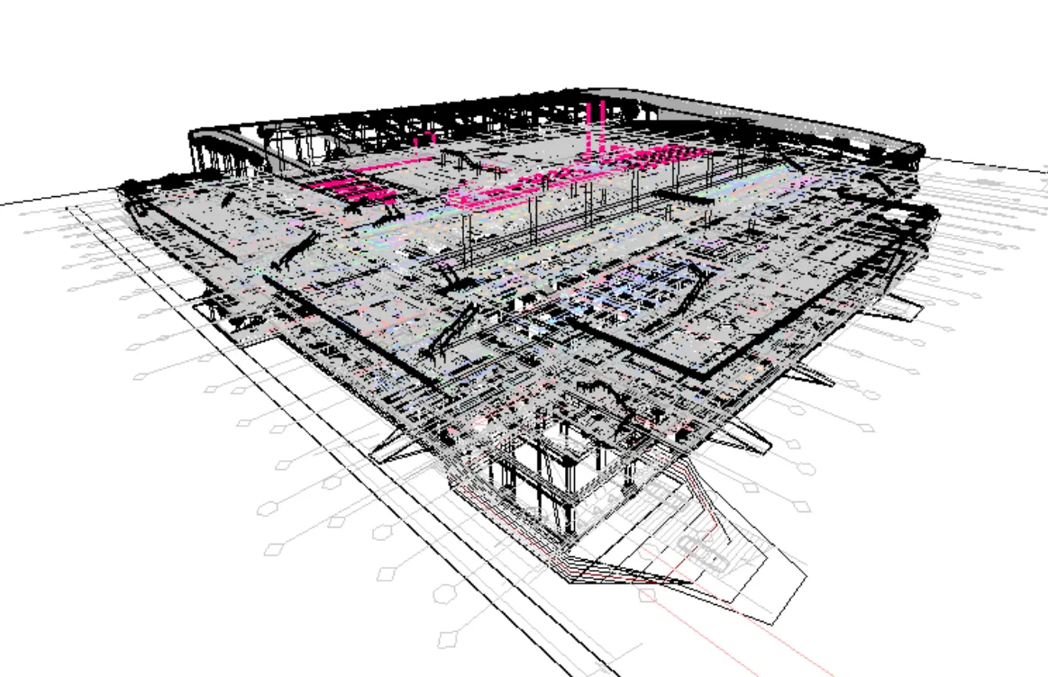 Wireframe view of an industrial building with the work areas highlighted