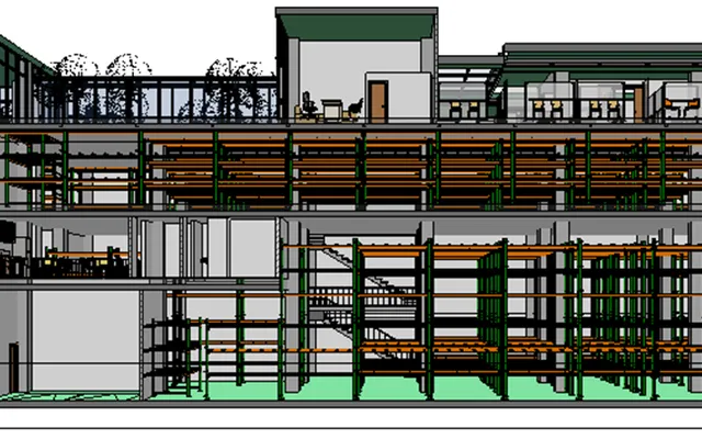 Section of the warehouse-and-office building with the disciplines coordinated