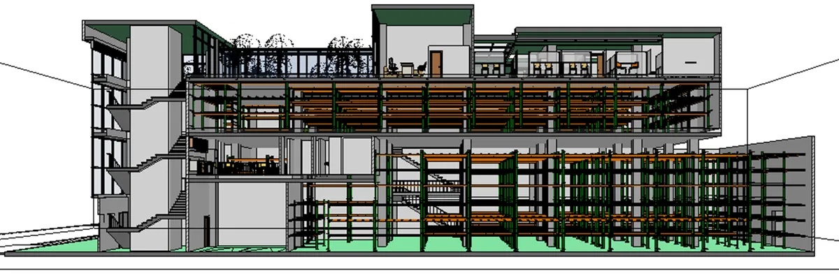 Section of the warehouse-and-office building with the disciplines coordinated