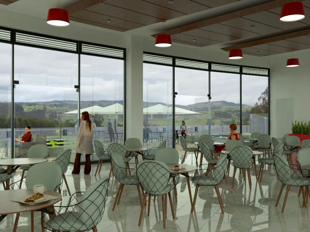 Interior of the Oicatá restaurant with a view of the landscape