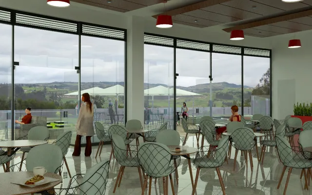 Interior of the Oicatá restaurant with a view of the landscape