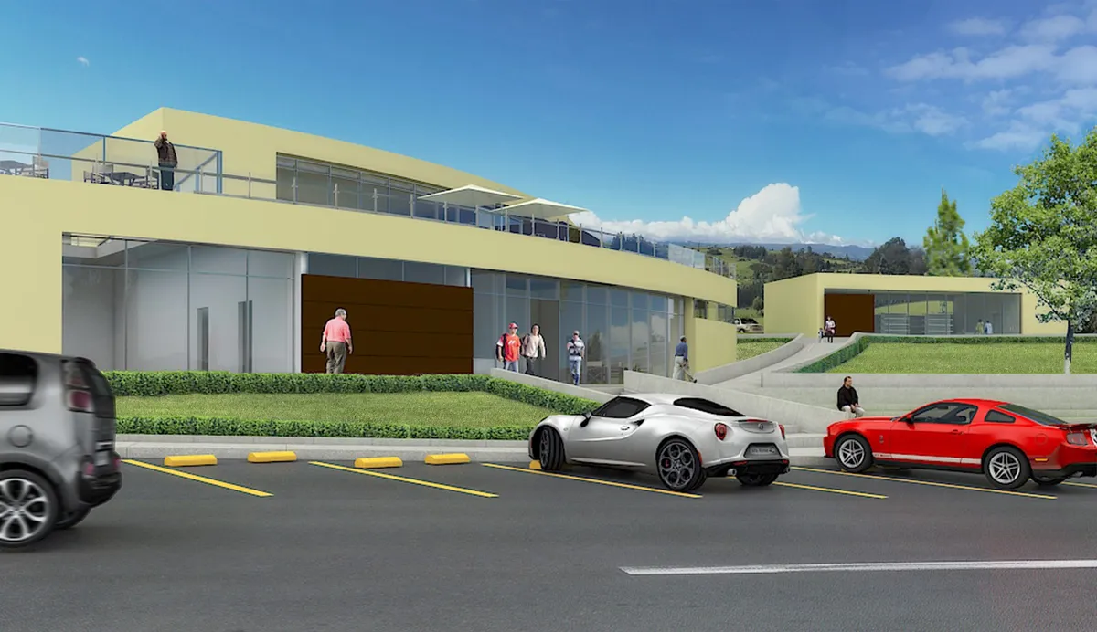 Rendering of the community hall with the car park and the entrances