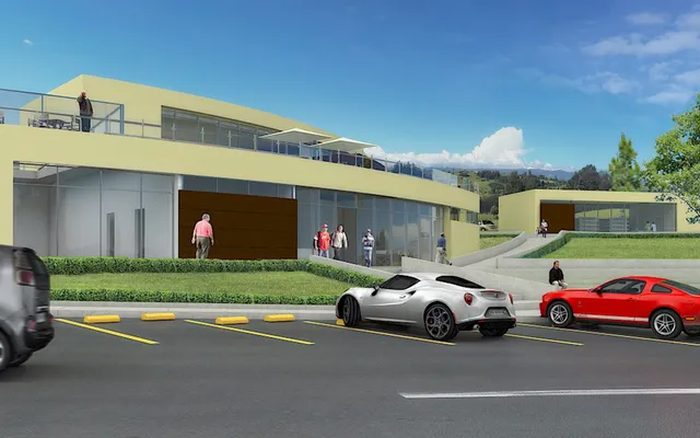 Rendering of the community hall with the car park and the entrances