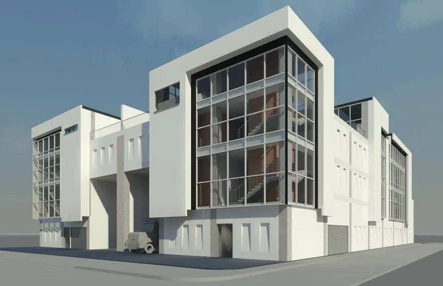 Street-level view of the Tomker warehouses