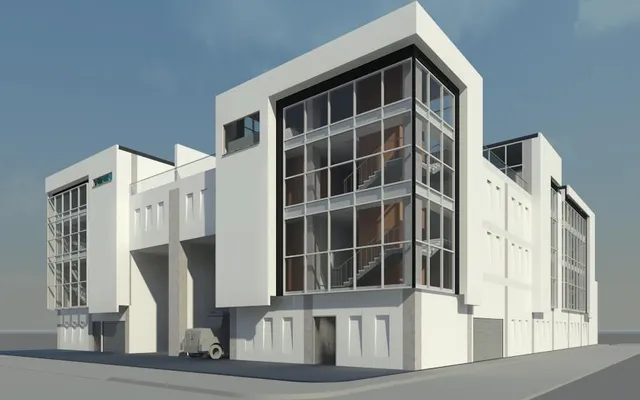 Street-level view of the Tomker warehouses
