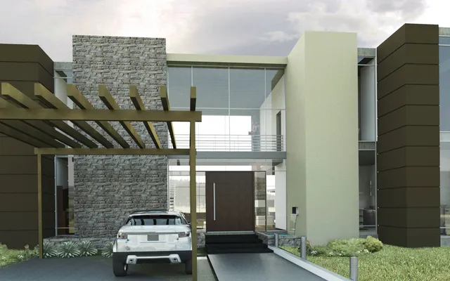 Entrance of the single-family house with a pergola and a stone wall