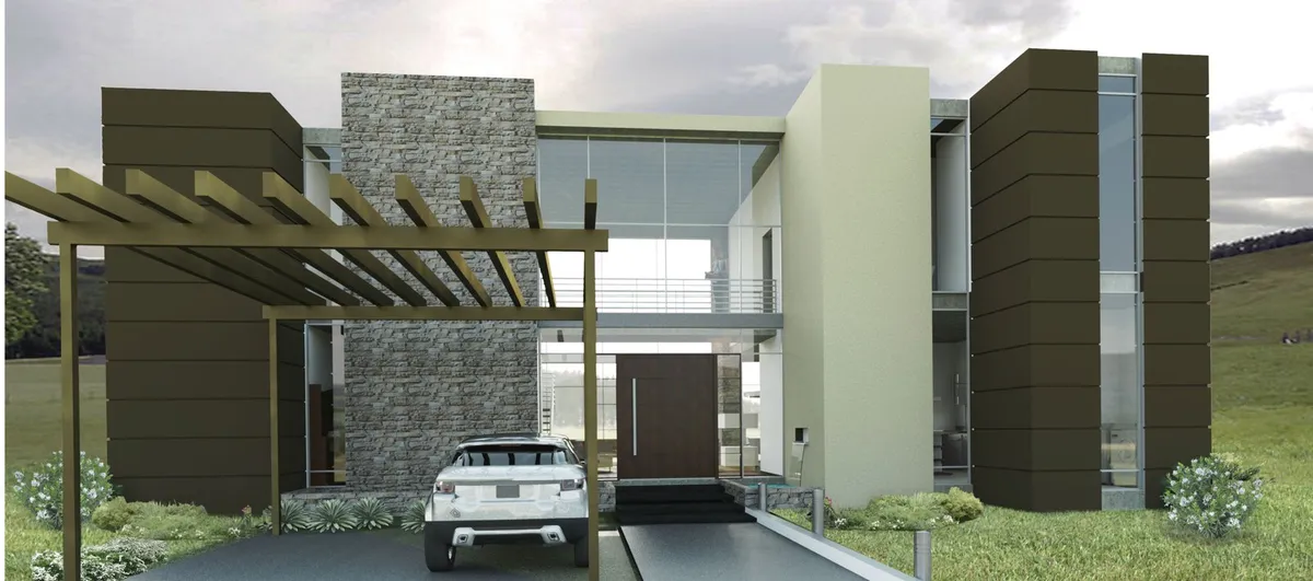 Entrance of the single-family house with a pergola and a stone wall