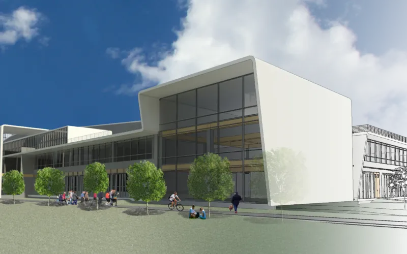 Rendering of the Proenfar institutional building with people at the entrance