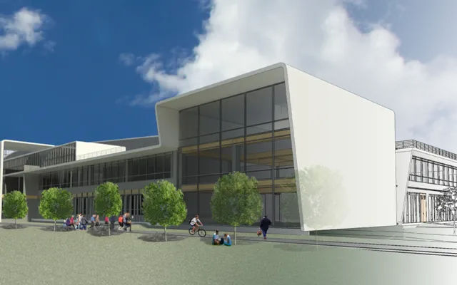 Rendering of the Proenfar institutional building with people at the entrance