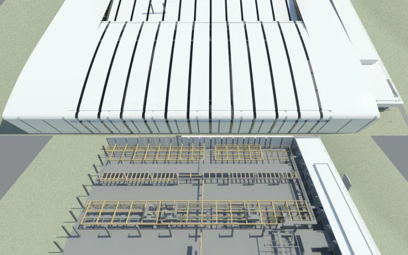 Roof and structure of the building seen in the model