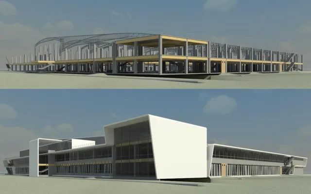 Two views of the low building: the covered entrance and the façade