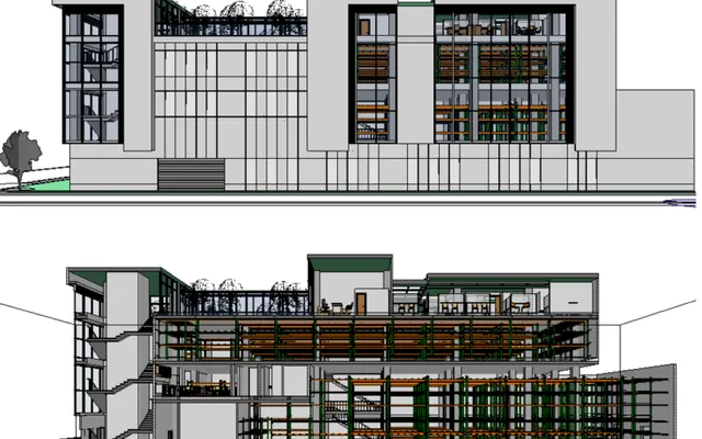 Elevation and section of the building taken from the BIM model