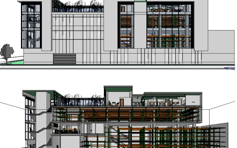 Elevation and section of the building taken from the BIM model