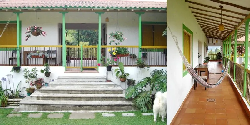 Corredor con hamaca y jardín interior de la casa